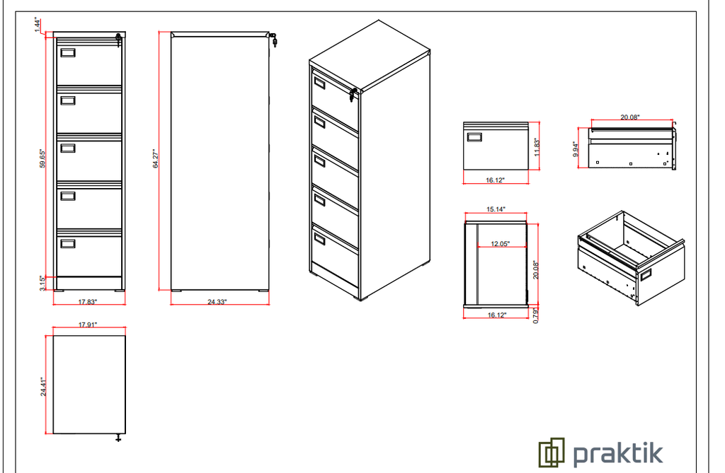 PRAKTIK: VERTICAL 5 GAVETAS GRIS ALUMINIO
