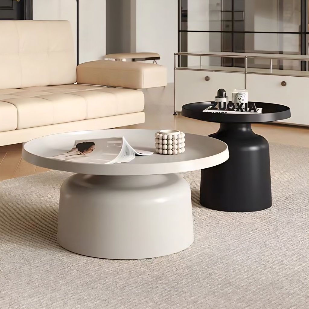 JUEGO DE MESAS MOD 669 - MESA 1 BLANCA (30 DE DIAMTERO "X15" DE ALTURA ) - MESA 2 NEGRA (20" DE DIAMTERO "X 18" DE ALTURA ), T521